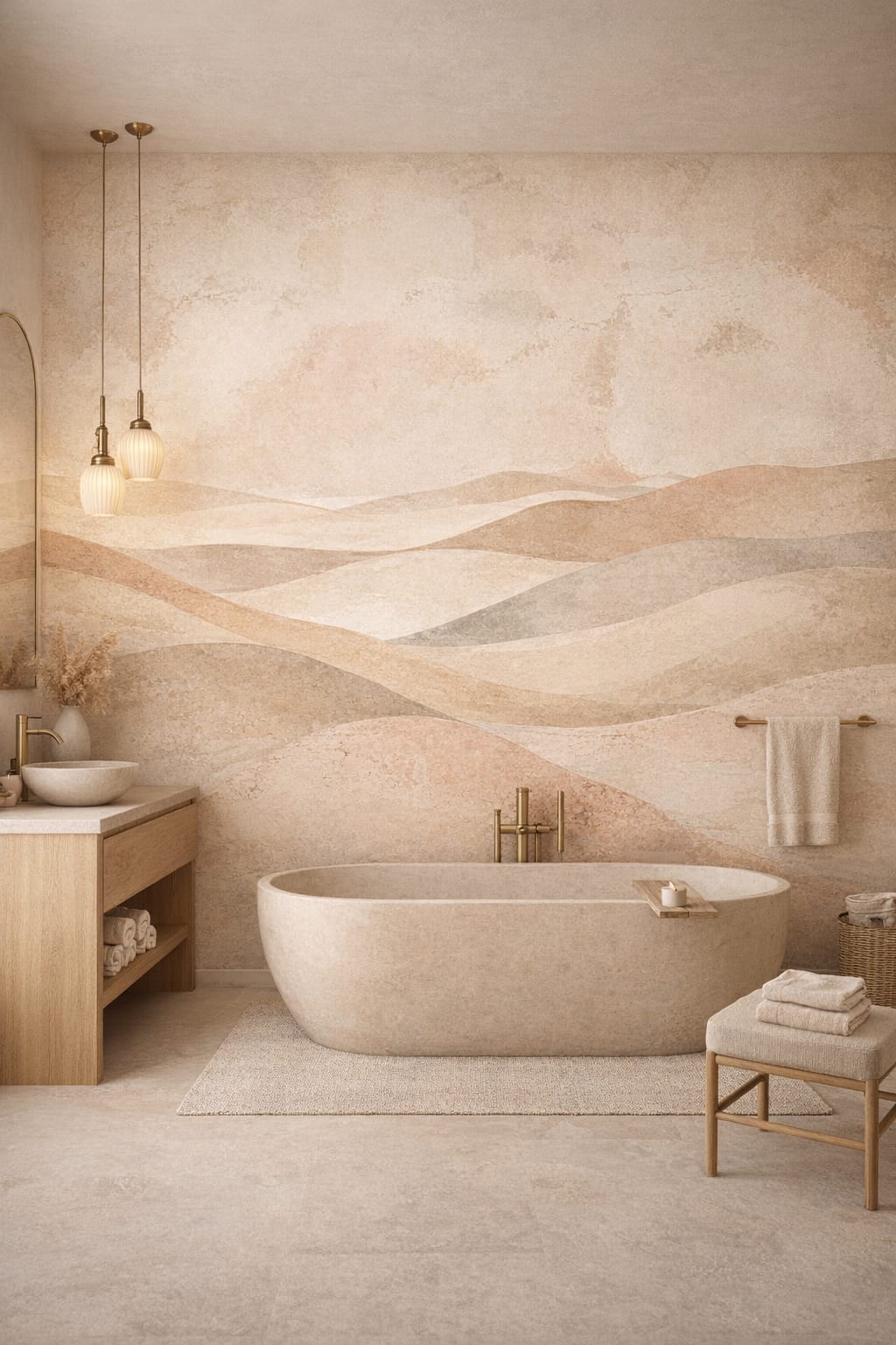 Desert Modern sand-toned abstract landscape featuring layered hills - Wall Mural Peel and Stick Wallpaper for Desert Modern Luxury Bathroom.