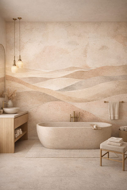 Desert Modern sand-toned abstract landscape featuring layered hills - Wall Mural Peel and Stick Wallpaper for Desert Modern Luxury Bathroom.