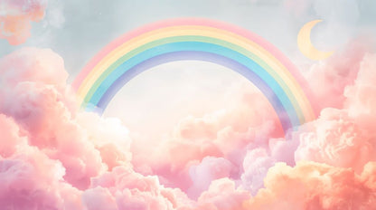 Dreamy whimsical Pink rainbow featuring clouds and crescent moon - Wall Mural & Peel and Stick Wallpaper for Watercolor Nursery or Kids Room.