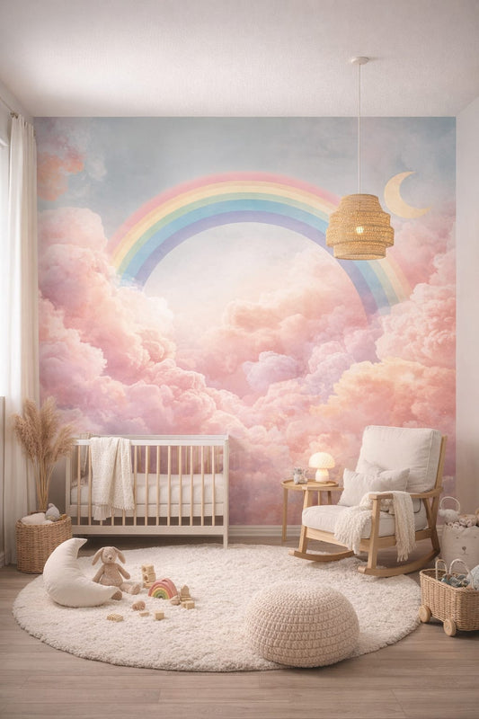 Scandi Kids white-gray rainbow featuring clouds - Wall Mural Peel and Stick Wallpaper for Scandi Kids Nursery.