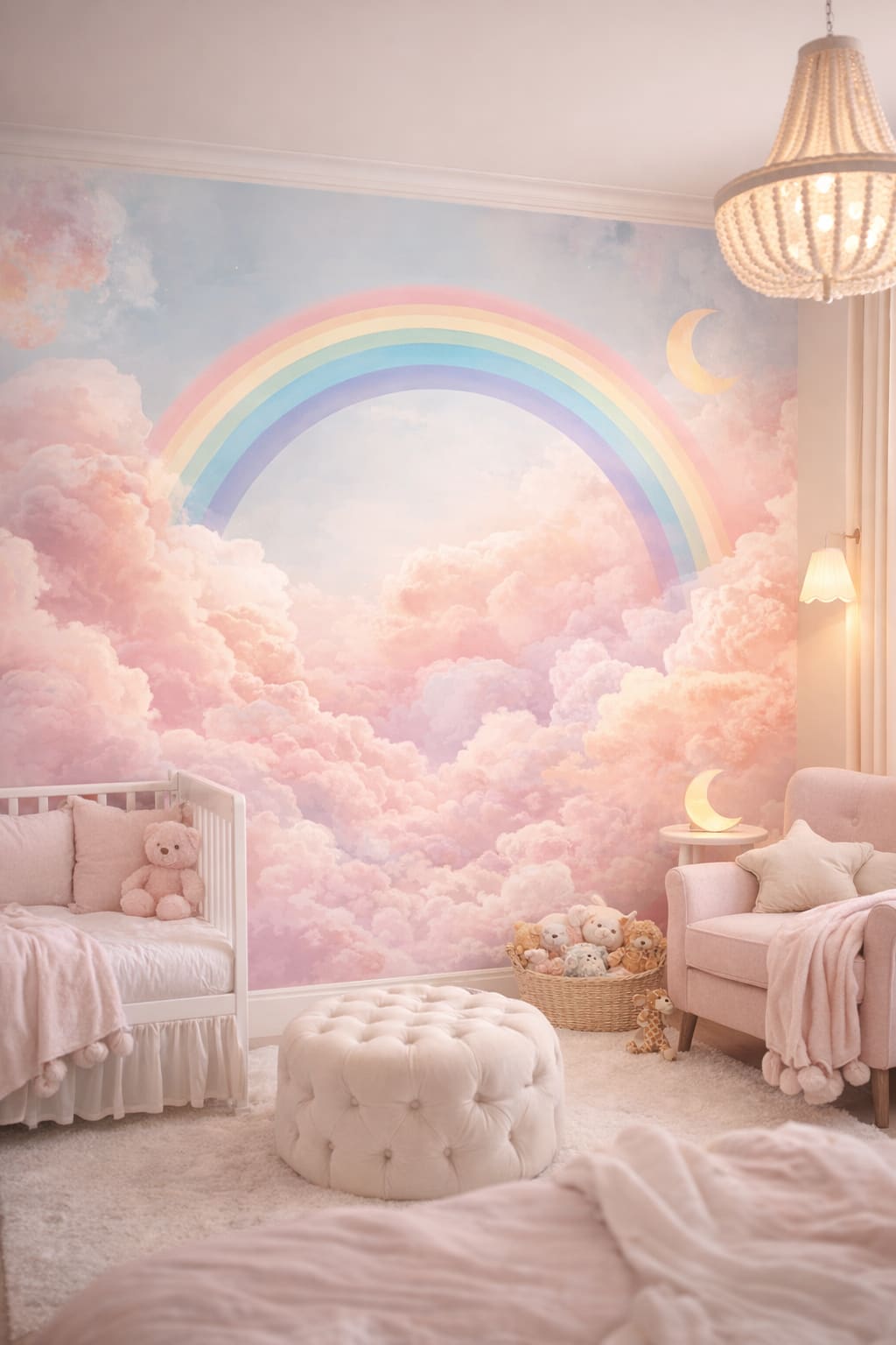 Pastel glam blush rainbow featuring clouds - Wall Mural Peel and Stick Wallpaper for Pastel Glam Nursery Nursery.