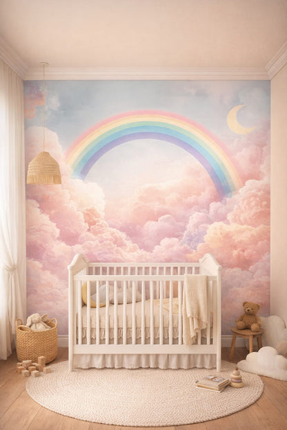 Whimsical Boho terracotta rainbow featuring clouds - Wall Mural Peel and Stick Wallpaper for Whimsical Boho Nursery.