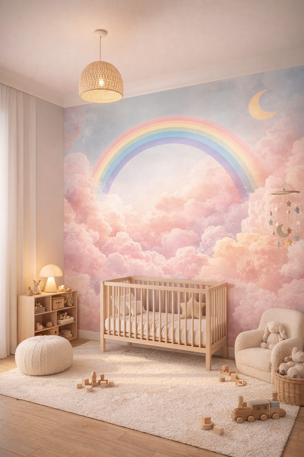 Modern Montessori, neutral-primary rainbow featuring crescent moon - Wall Mural Peel and Stick Wallpaper for Modern Montessori Nursery.