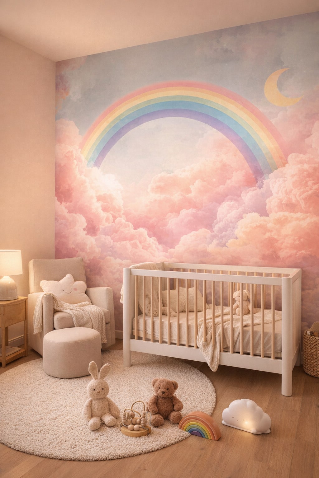 Gender-neutral contemporary, pastel gray rainbow featuring clouds - Wall Mural Peel and Stick Wallpaper for Gender-Neutral Contemporary Nursery.