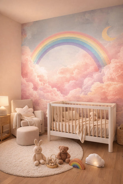 Gender-neutral contemporary, pastel gray rainbow featuring clouds - Wall Mural Peel and Stick Wallpaper for Gender-Neutral Contemporary Nursery.