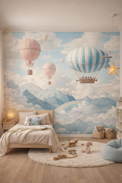 Scandi Kids white-gray hot air balloons featuring clouds - Wall Mural Peel and Stick Wallpaper for Scandi Kids Kids Bedroom.