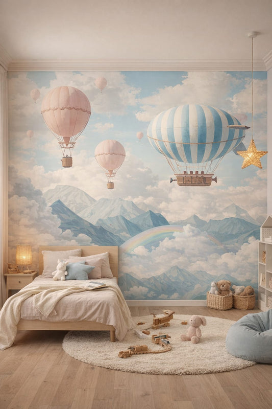 Scandi Kids white-gray hot air balloons featuring clouds - Wall Mural Peel and Stick Wallpaper for Scandi Kids Kids Bedroom.