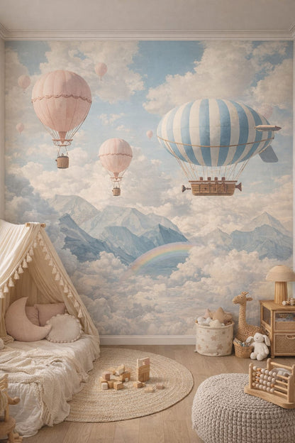 Whimsical Boho cream hot air balloons featuring clouds - Wall Mural Peel and Stick Wallpaper for Whimsical Boho Playroom.