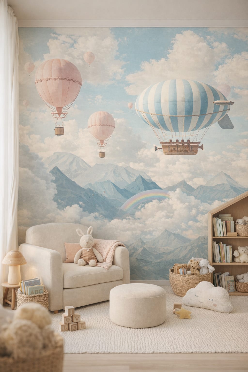 Modern Montessori neutral hot air balloons featuring clouds - Wall Mural Peel and Stick Wallpaper for Modern Montessori Reading Corner.