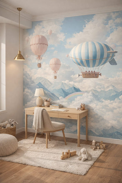Gender-neutral contemporary, mint-gray hot air balloons featuring clouds - Wall Mural Peel and Stick Wallpaper for Gender-Neutral Contemporary Homework / Study Corner.