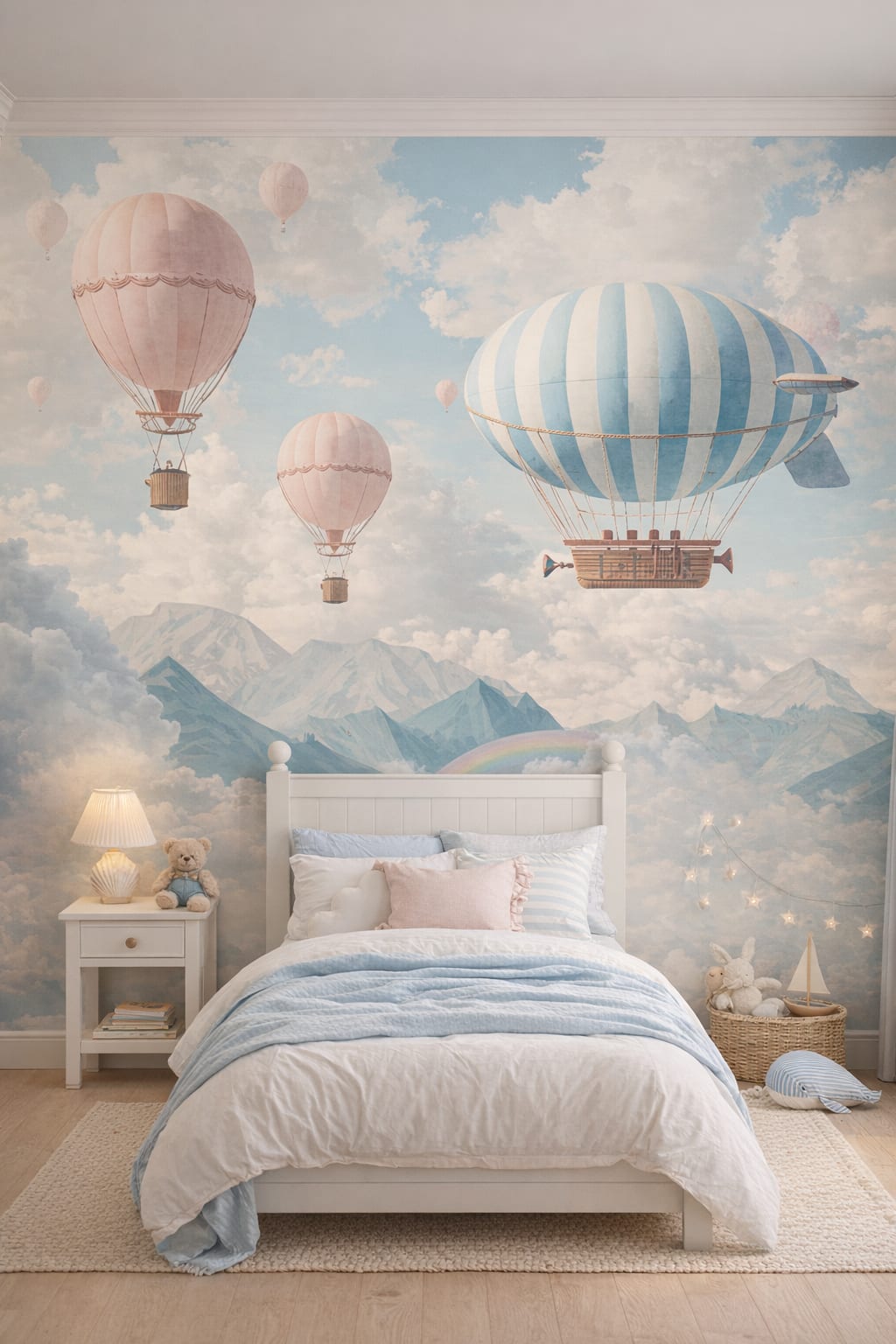 Coastal Kids sky blue hot air balloons featuring clouds - Wall Mural Peel and Stick Wallpaper for Coastal Kids Kids Bedroom.