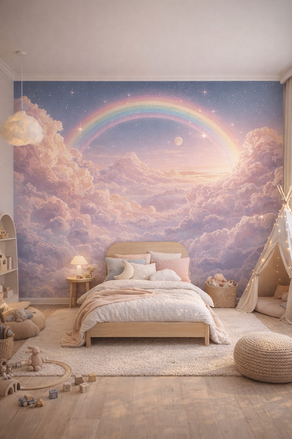 Scandi Kids, birch-toned rainbow sky featuring pink clouds - Wall Mural Peel and Stick Wallpaper for Scandi Kids Kids Bedroom.