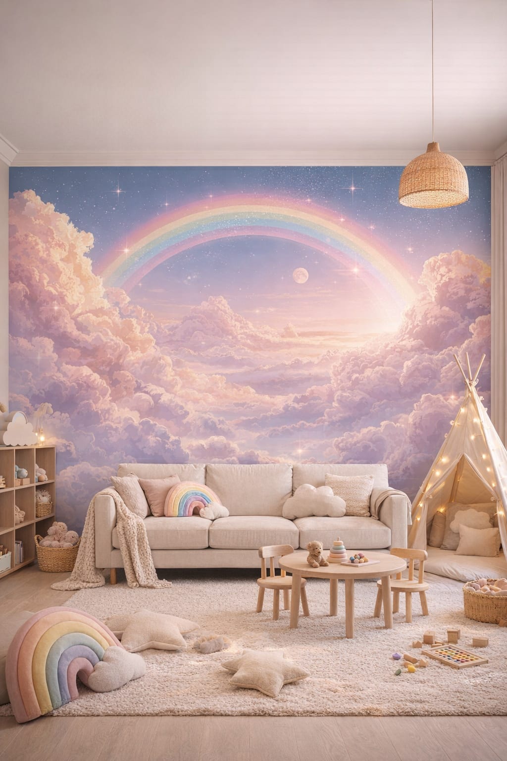 Modern Montessori neutral-primary rainbow sky featuring stars - Wall Mural Peel and Stick Wallpaper for Modern Montessori Playroom.