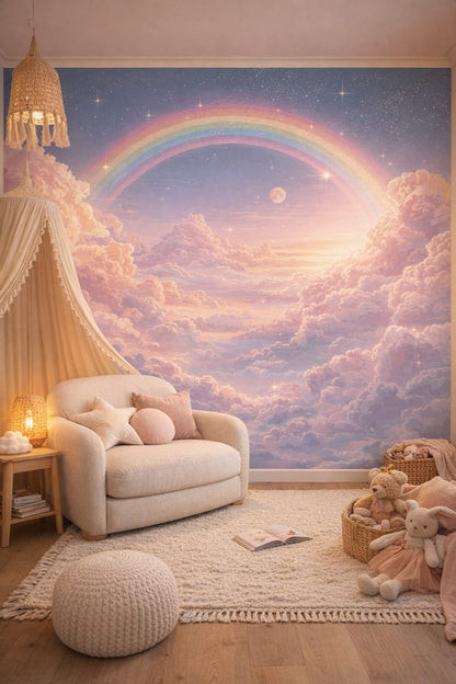 Whimsical Boho terracotta rainbow sky featuring stars - Wall Mural Peel and Stick Wallpaper for Whimsical Boho Reading Corner.