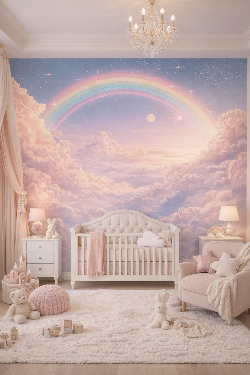 Pastel glam blush rainbow sky featuring moon - Wall Mural Peel and Stick Wallpaper for Pastel Glam Nursery Kids Bedroom.