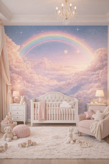Pastel glam blush rainbow sky featuring moon - Wall Mural Peel and Stick Wallpaper for Pastel Glam Nursery Kids Bedroom.