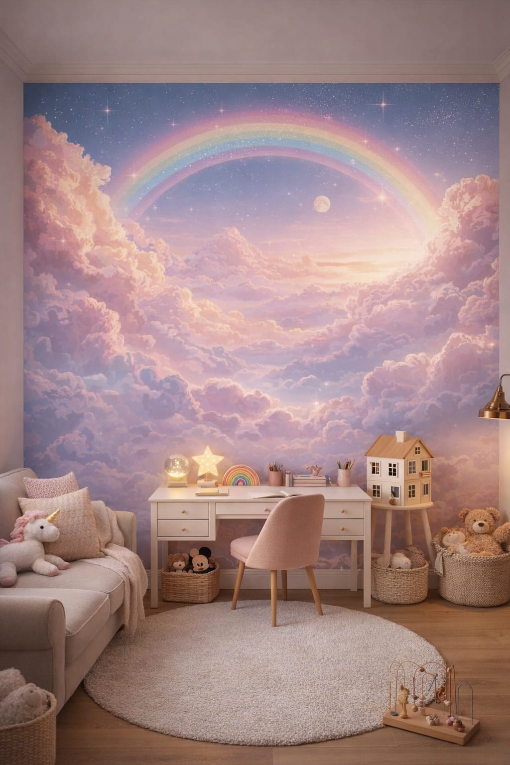 Contemporary neutral-accent rainbow sky featuring moon - Wall Mural Peel and Stick Wallpaper for Contemporary Homework / Study Corner.