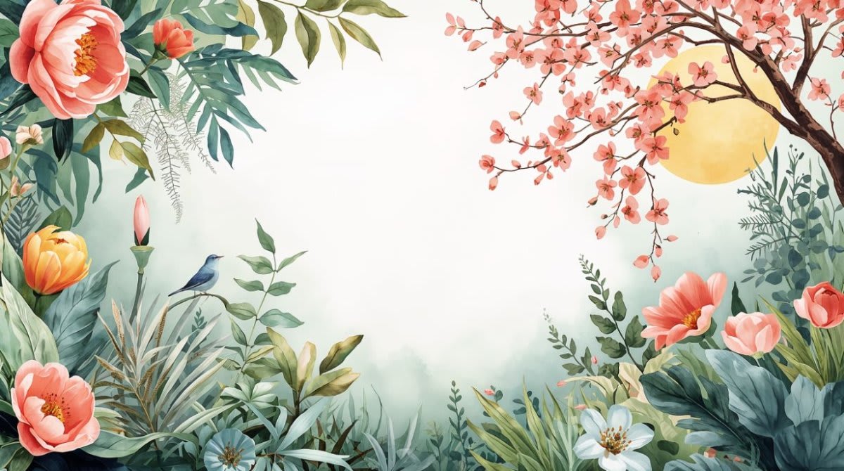 Serene watercolor Soft Green floral blossoms featuring a songbird, budding branches, and sun disc - Wall Mural & Peel and Stick Wallpaper for Watercolor Interiors and Premium Home Styling.