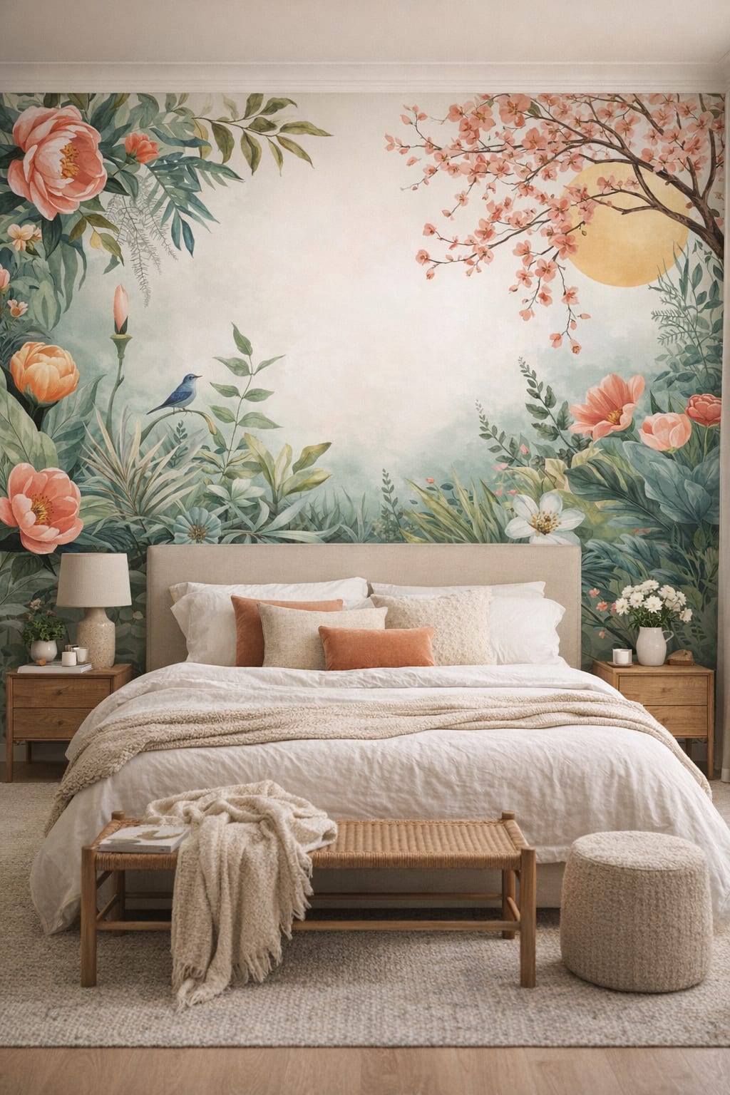 Organic Modern cream-sand floral blossoms featuring songbird - Wall Mural Peel and Stick Wallpaper for Organic Modern Master Bedroom.