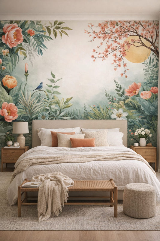 Organic Modern cream-sand floral blossoms featuring songbird - Wall Mural Peel and Stick Wallpaper for Organic Modern Master Bedroom.