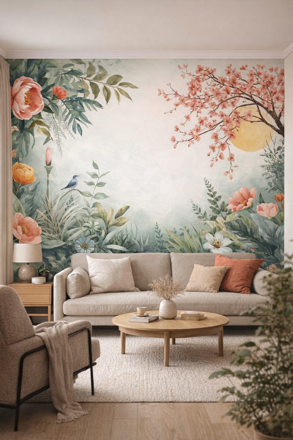 Japandi sand-toned floral blossoms featuring songbird - Wall Mural Peel and Stick Wallpaper for Japandi Living Room.