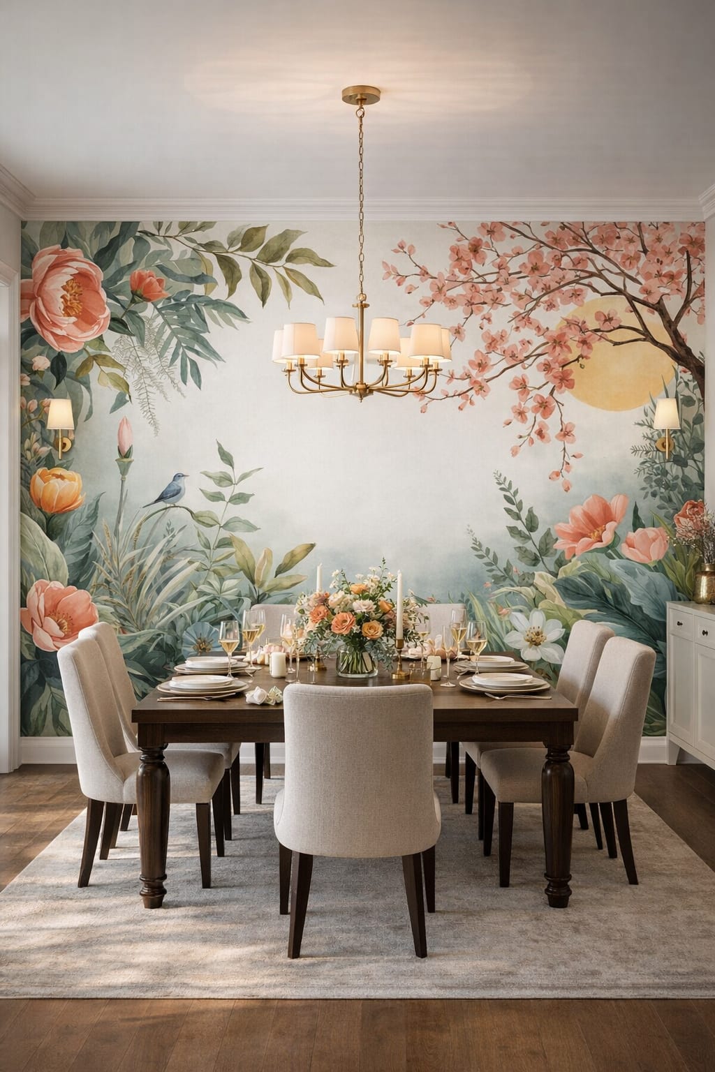 Modern Classic cream-warm gray floral blossoms featuring sun disc - Wall Mural Peel and Stick Wallpaper for Modern Classic Formal Dining Room.