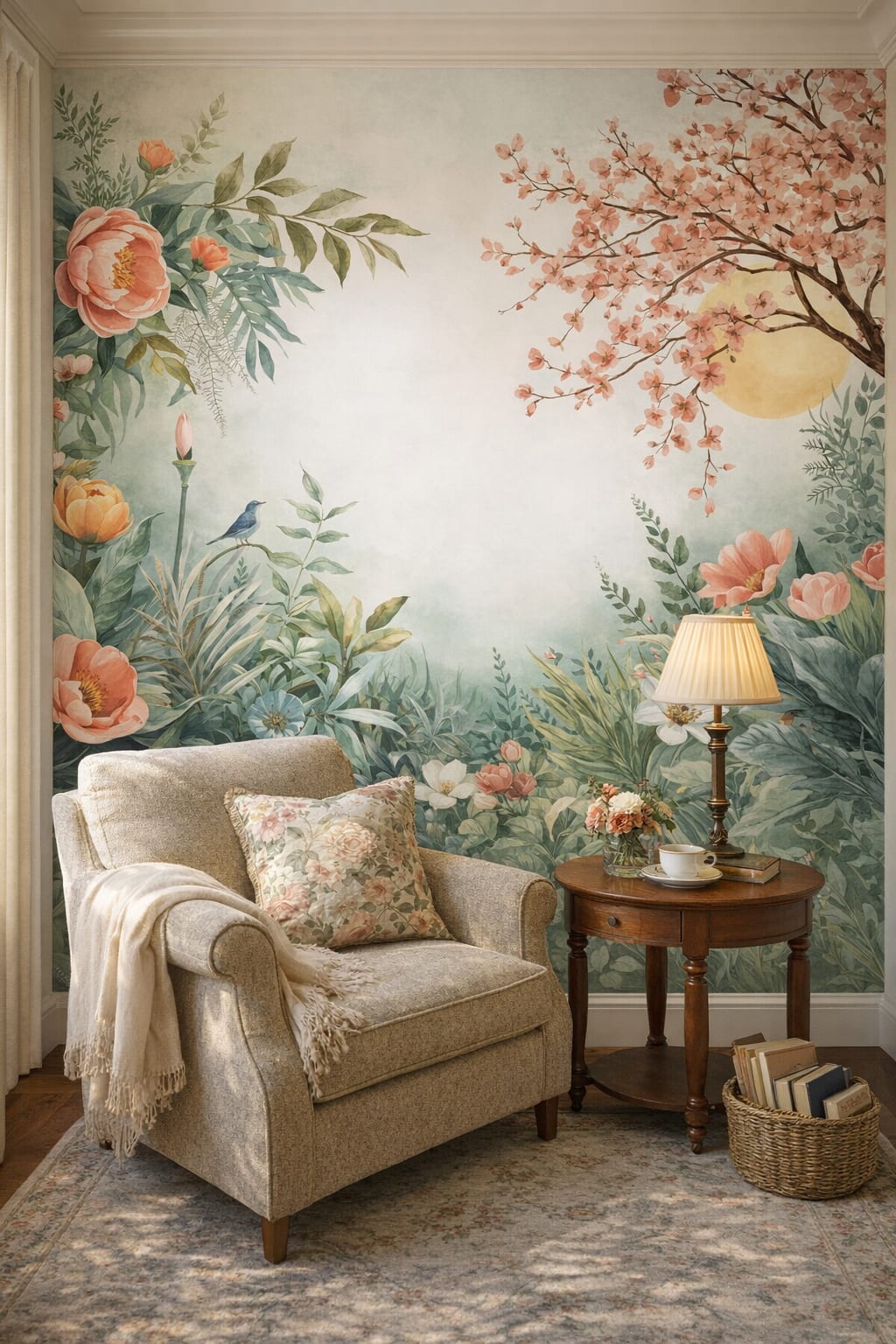 Floral-neutral Grandmillennial floral blossoms featuring a songbird - Wall Mural Peel and Stick Wallpaper for Grandmillennial Reading Corner.