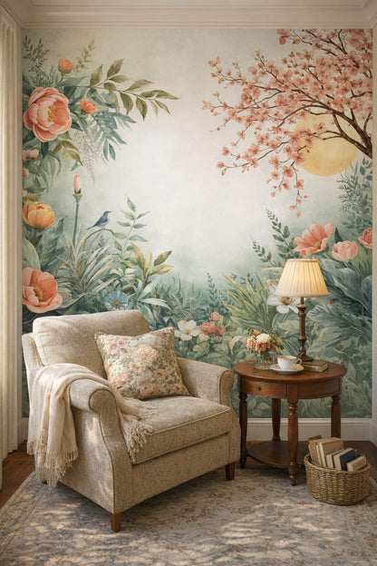 Floral-neutral Grandmillennial floral blossoms featuring a songbird - Wall Mural Peel and Stick Wallpaper for Grandmillennial Reading Corner.