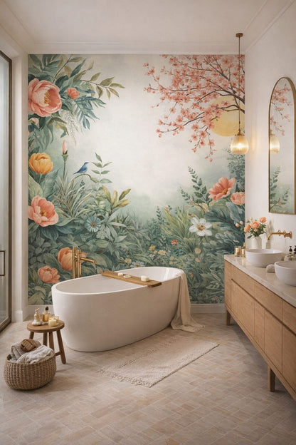 Mediterranean Modern sand-toned floral blossoms featuring songbird - Wall Mural Peel and Stick Wallpaper for Mediterranean Modern Luxury Bathroom.