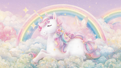 Whimsical dreamy Pastel Pink unicorn featuring rainbow and clouds - Wall Mural & Peel and Stick Wallpaper for Whimsical Nursery or Kids Room.