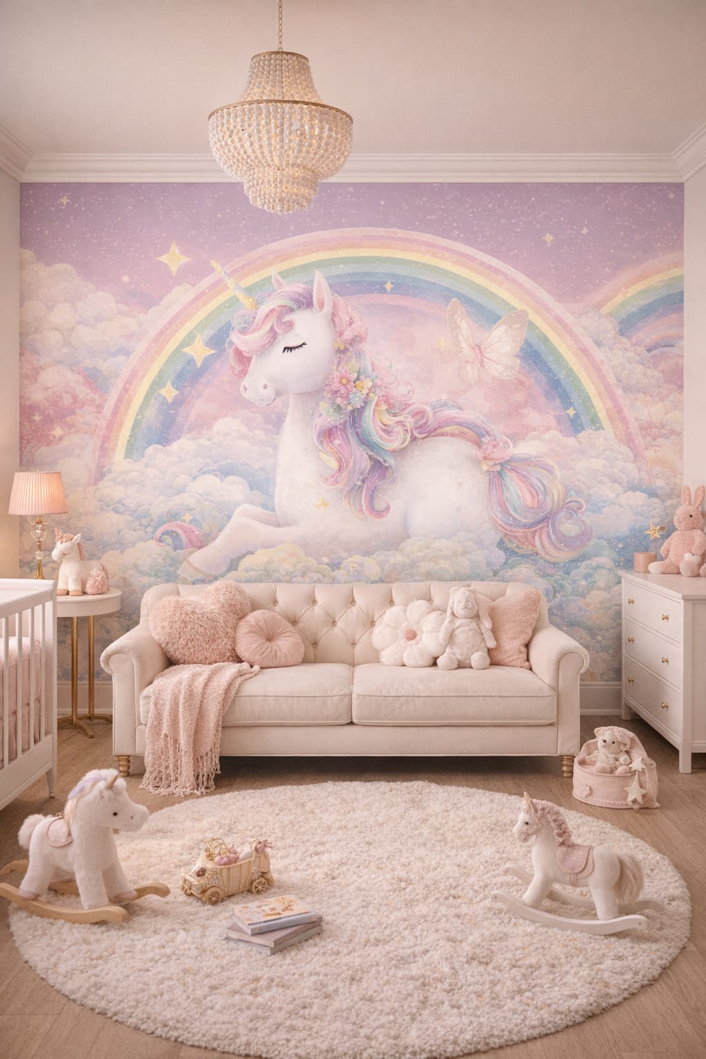 Pastel glam blush unicorn featuring rainbow - Wall Mural Peel and Stick Wallpaper for Pastel Glam Nursery Nursery.