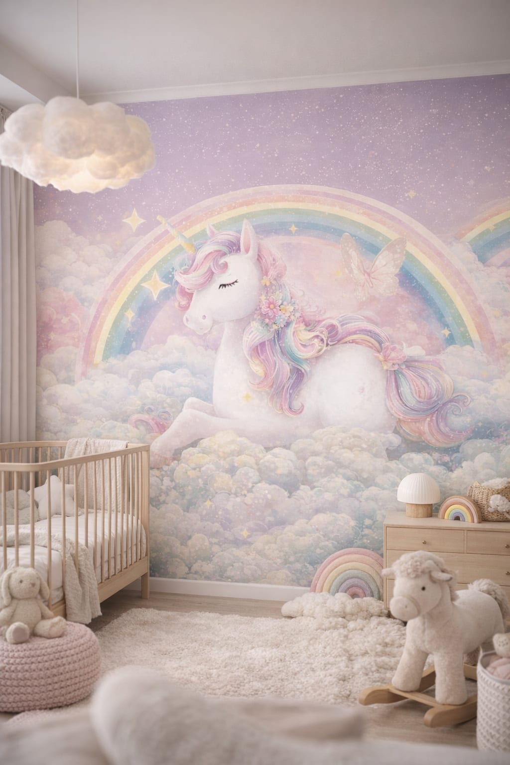 Scandi Kids white-gray unicorn featuring rainbow - Wall Mural Peel and Stick Wallpaper for Scandi Kids Nursery.