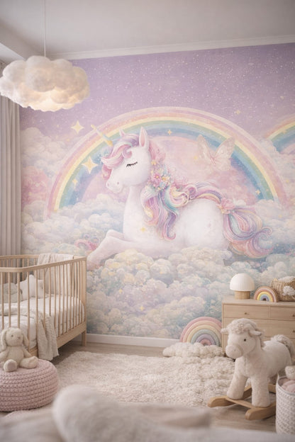 Scandi Kids white-gray unicorn featuring rainbow - Wall Mural Peel and Stick Wallpaper for Scandi Kids Nursery.