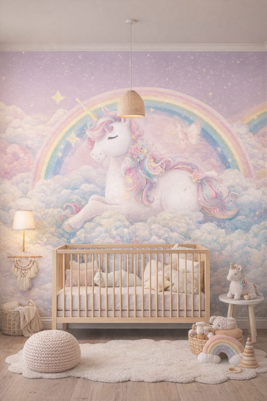 Whimsical Boho terracotta-sage unicorn featuring rainbow - Wall Mural Peel and Stick Wallpaper for Whimsical Boho Nursery.