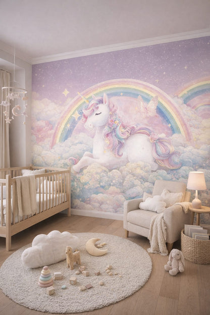 Gender-neutral contemporary, mint-gray unicorn featuring rainbow - Wall Mural Peel and Stick Wallpaper for Gender-Neutral Contemporary Nursery.