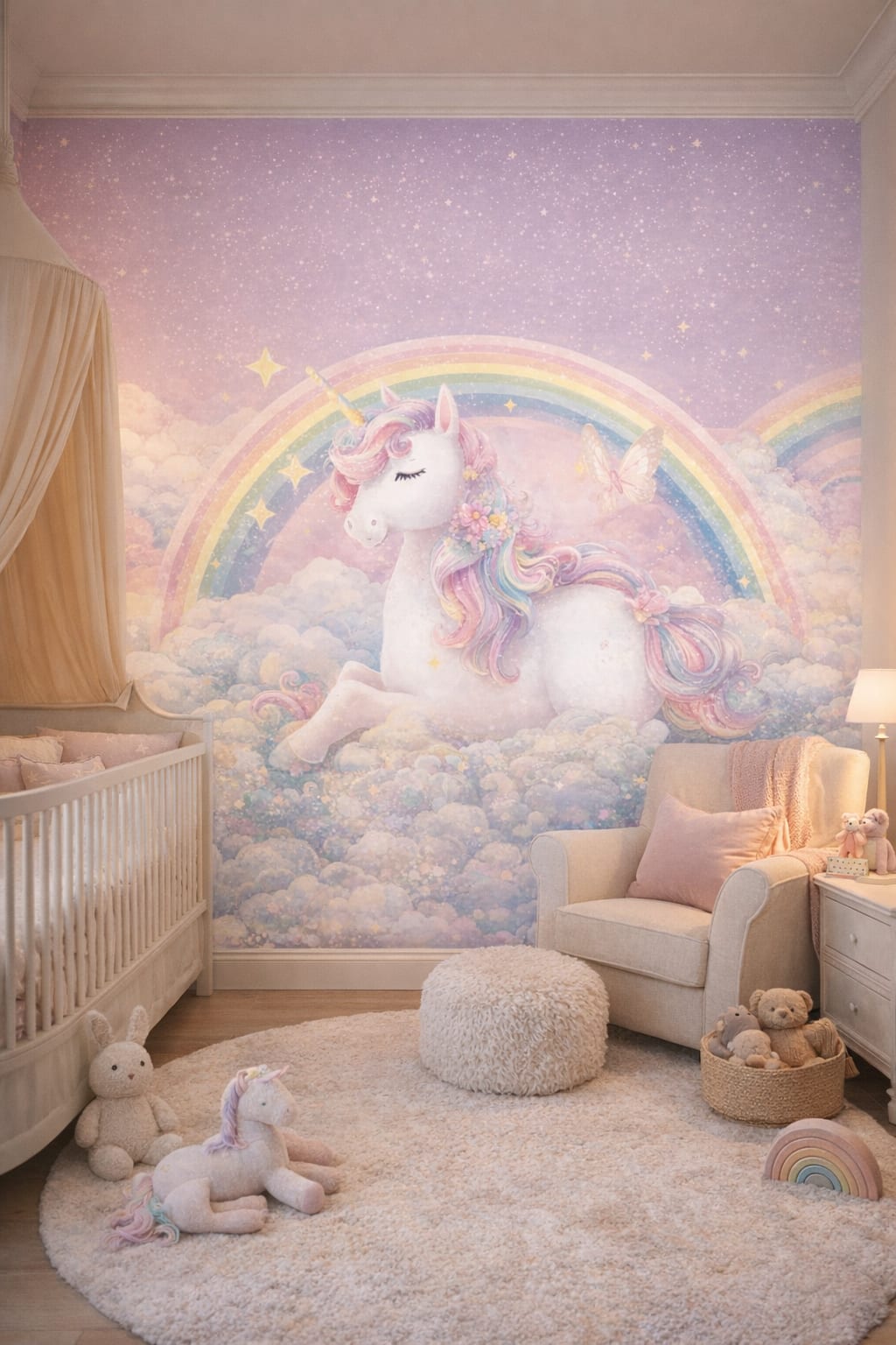 Classic Storybook dusty rose unicorn featuring rainbow - Wall Mural Peel and Stick Wallpaper for Classic Storybook Nursery.