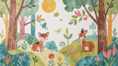 Playful whimsical Green woodland animals featuring forest trees and wildflowers - Wall Mural & Peel and Stick Wallpaper for Whimsical Nursery or Kids Room.