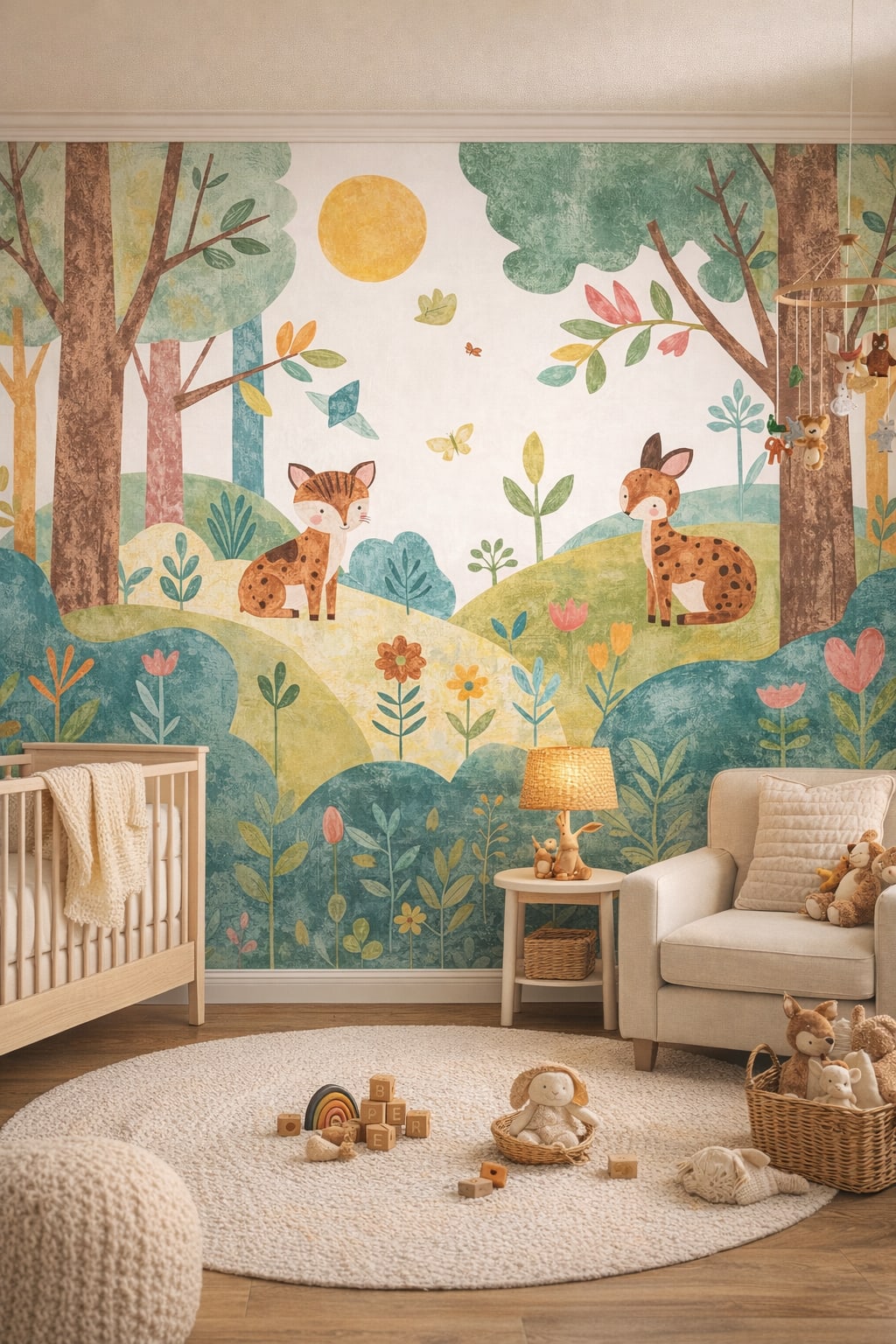Moss green woodland decor, soft forest palette woodland animals featuring forest trees - Wall Mural Peel and Stick Wallpaper for Woodland / Forest Nursery.