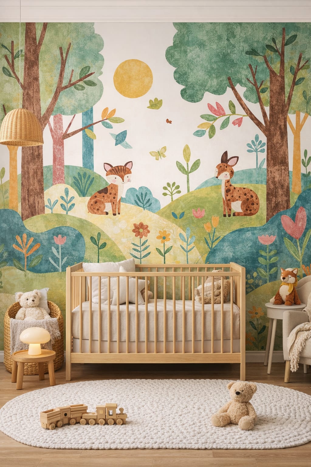 Scandi Kids neutral woodland animals featuring forest trees - Wall Mural Peel and Stick Wallpaper for Scandi Kids Nursery.