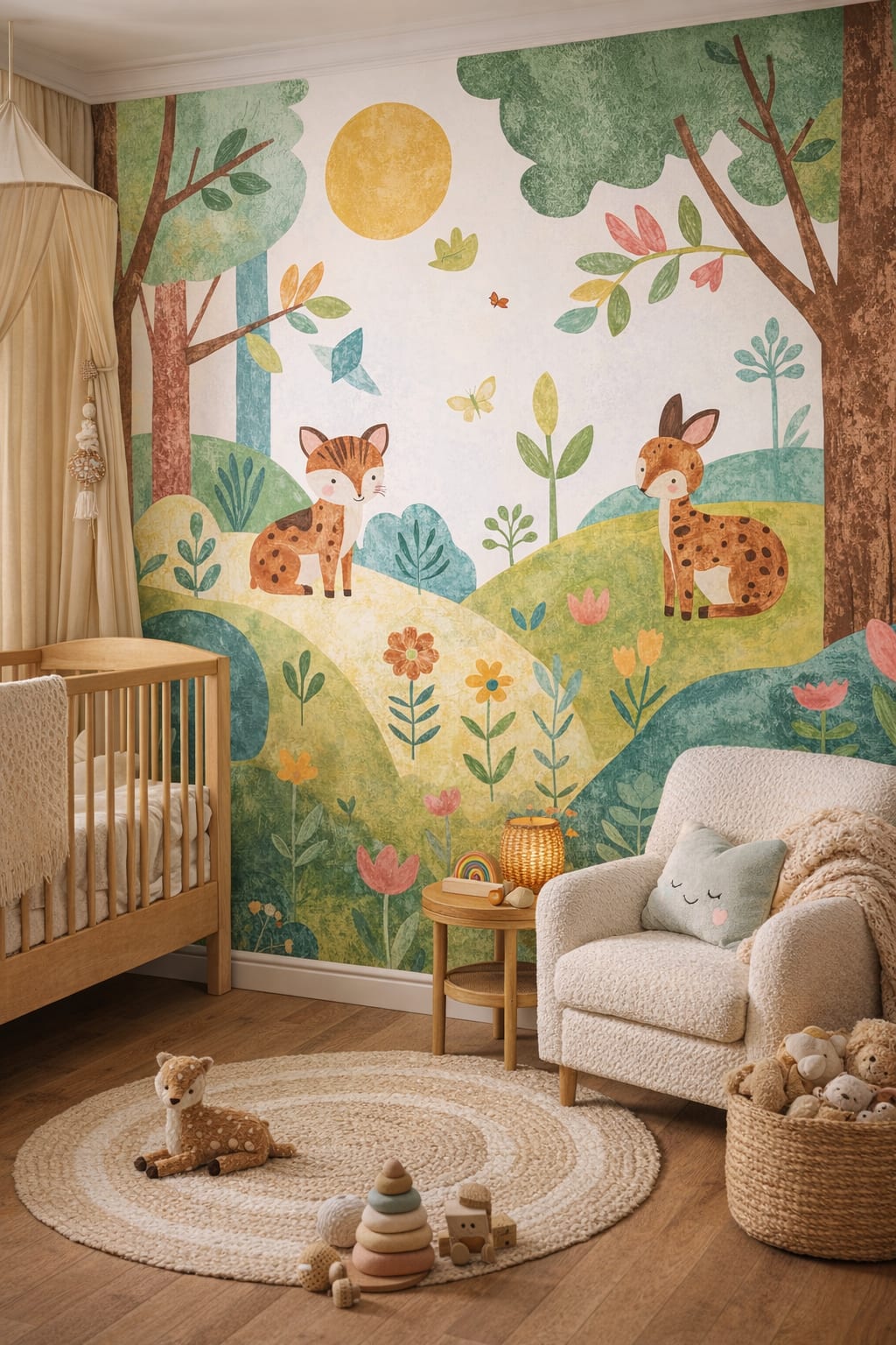Whimsical Boho sage-toned woodland animals featuring forest trees - Wall Mural Peel and Stick Wallpaper for Whimsical Boho Nursery.
