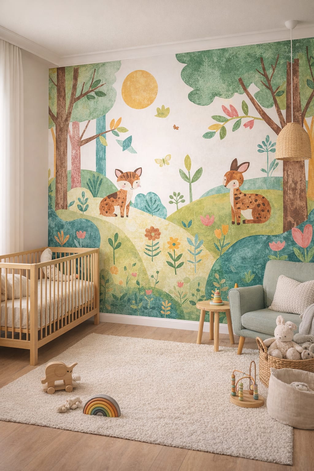 Modern Montessori, neutral-primary woodland animals featuring forest trees - Wall Mural Peel and Stick Wallpaper for Modern Montessori Nursery.