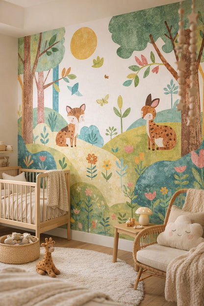 Hygge-inspired, cream-soft gray woodland animals featuring wildflowers - Wall Mural Peel and Stick Wallpaper for Hygge Nursery.