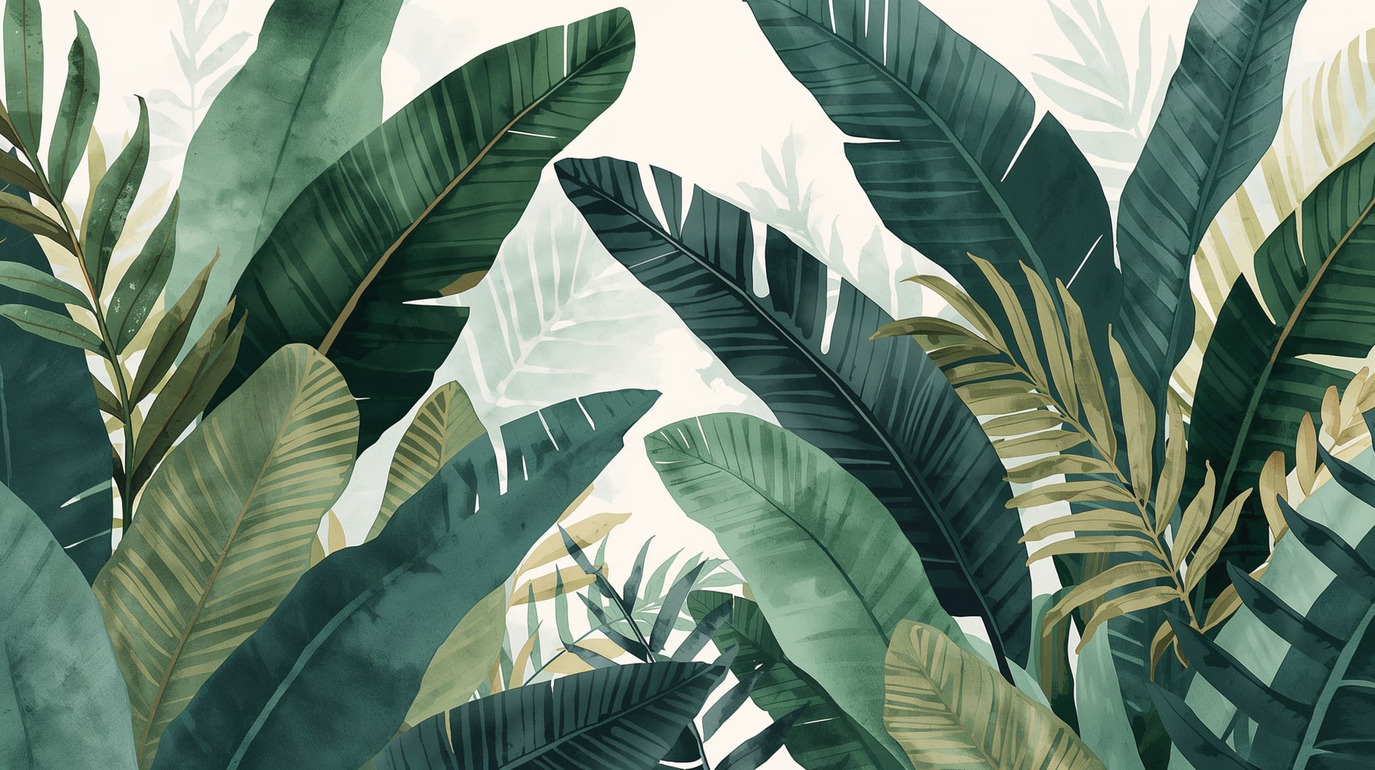 Lush airy Deep Green tropical foliage featuring banana leaves and palm fronds - Wall Mural & Peel and Stick Wallpaper for Illustrated Interiors and Premium Home Styling