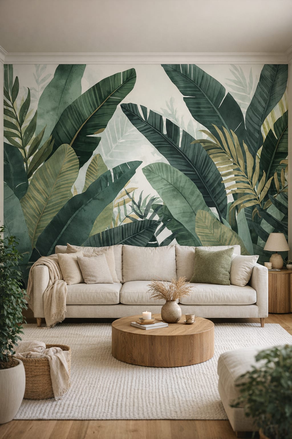 Organic olive tropical foliage featuring banana leaves - Wall Mural Peel and Stick Wallpaper for Organic Modern Living Room.