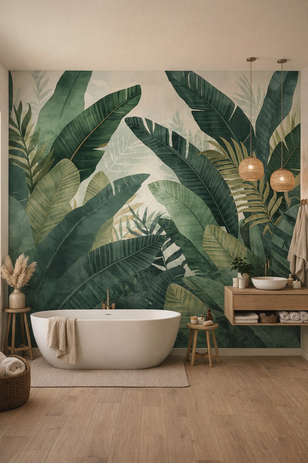 Japandi sand-toned tropical foliage featuring palm fronds - Wall Mural Peel and Stick Wallpaper for Japandi Luxury Bathroom.