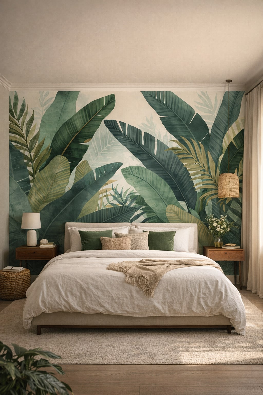 Modern green tropical foliage featuring banana leaves - Wall Mural Peel and Stick Wallpaper for Tropical Modern Master Bedroom.