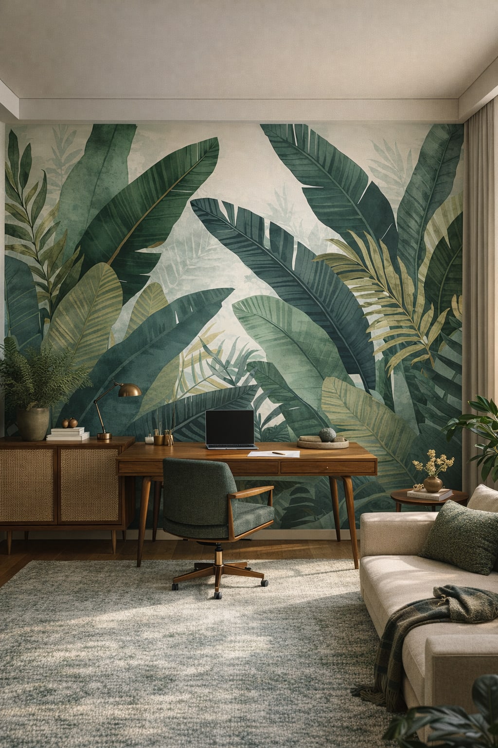 Modernist green tropical foliage featuring banana leaves - Wall Mural Peel and Stick Wallpaper for Brazilian Modernism Executive Home Office.