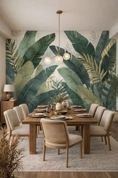 Sunwashed sand tropical foliage featuring palm fronds - Wall Mural Peel and Stick Wallpaper for Mediterranean Modern Formal Dining Room.