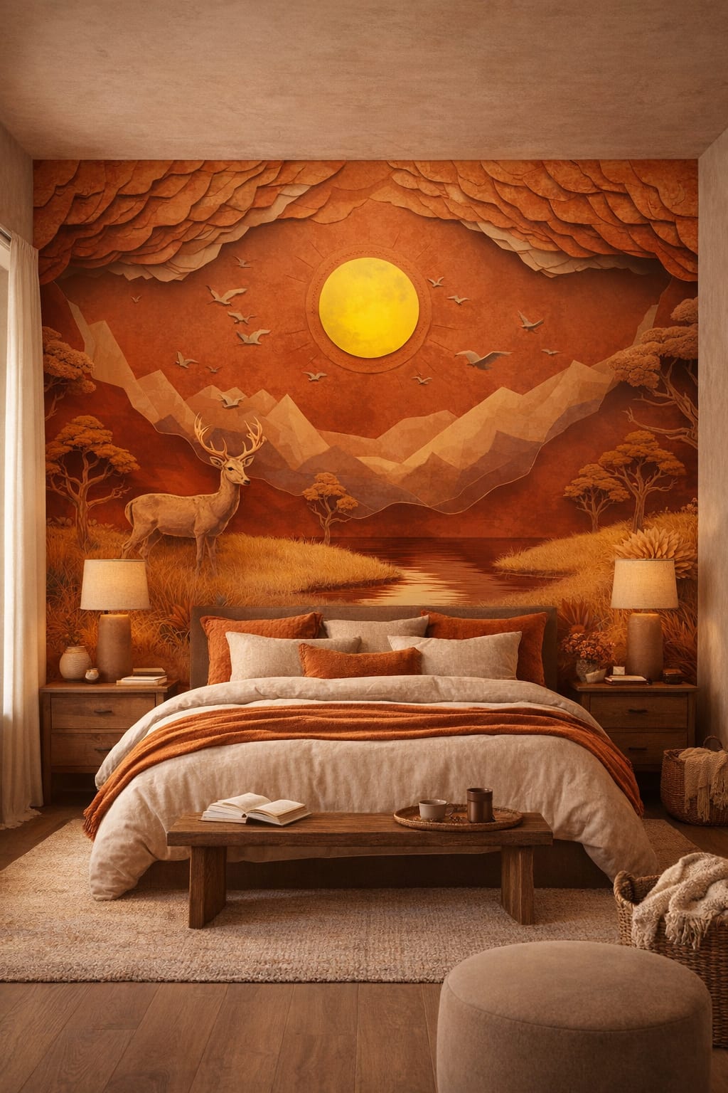 Wabi-sabi earthy deer featuring sun disc - Wall Mural Peel and Stick Wallpaper for Wabi-sabi Master Bedroom.