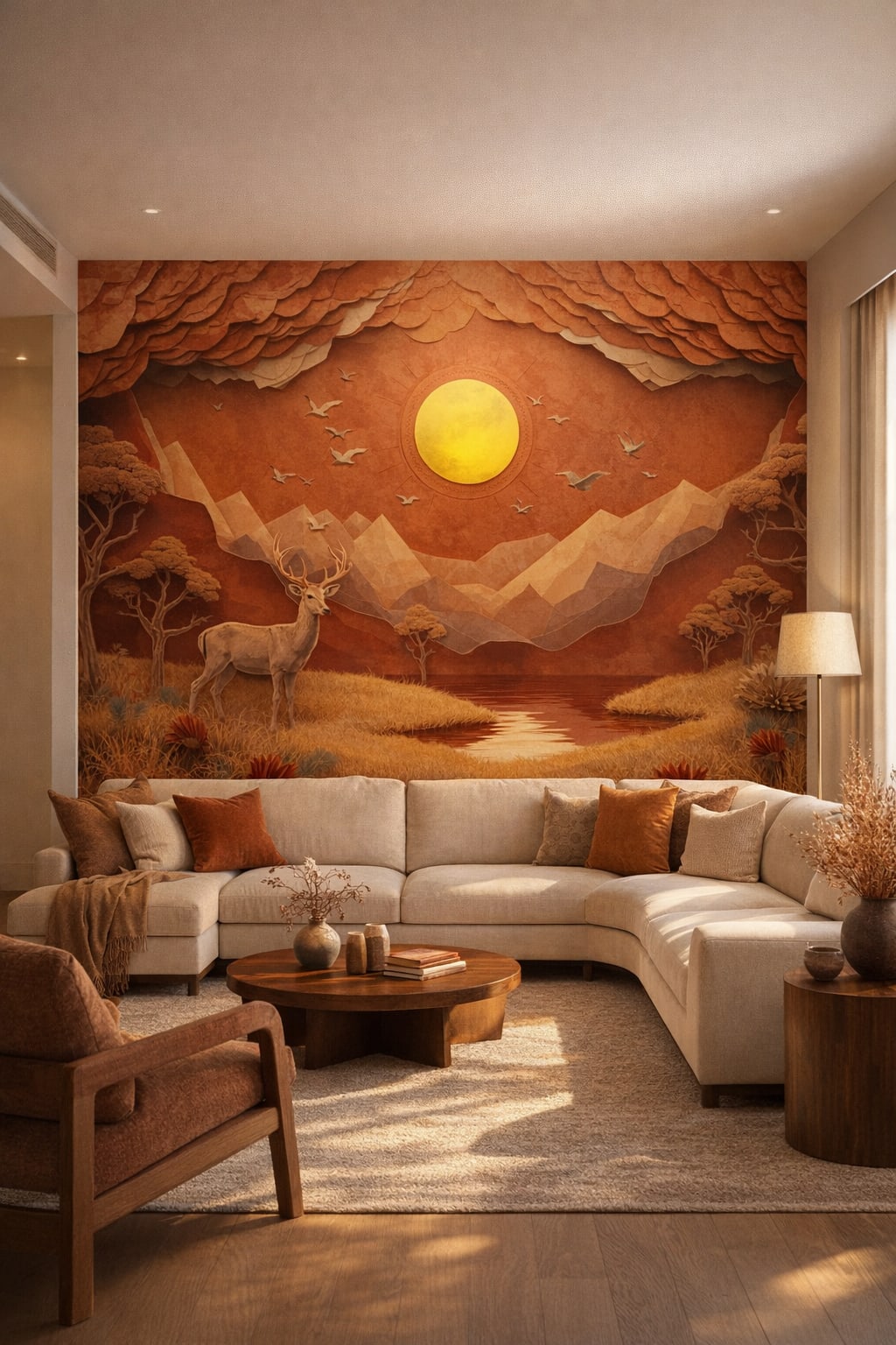 Organic Modern sand-toned deer featuring sun disc - Wall Mural Peel and Stick Wallpaper for Organic Modern Living Room.